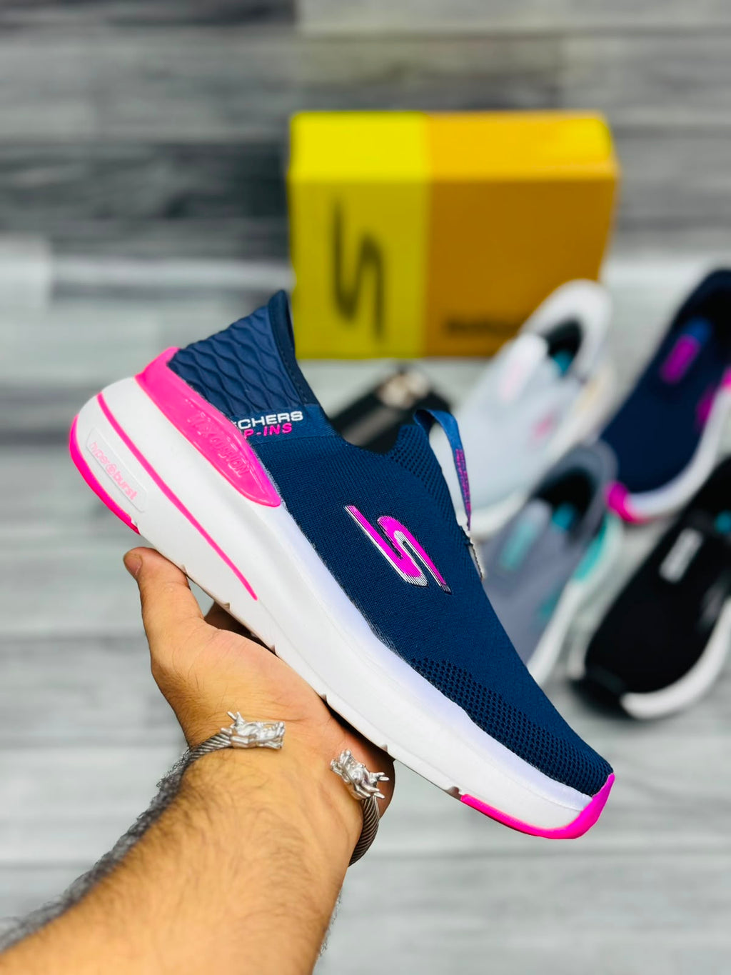 Skechers Hyper Burst Women's Slip-On Sneakers | Navy Blue and Hot Pink