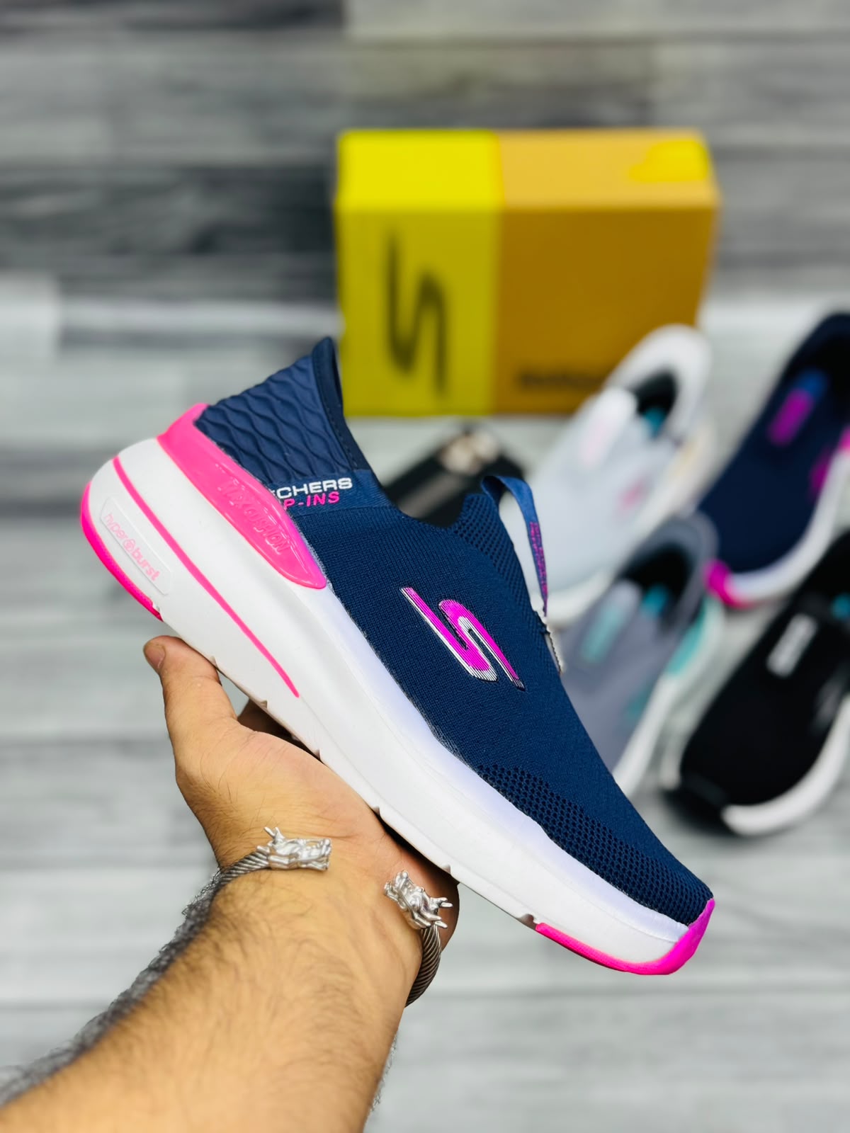 Skechers Hyper Burst Women's Slip-On Sneakers | Navy Blue and Hot Pink