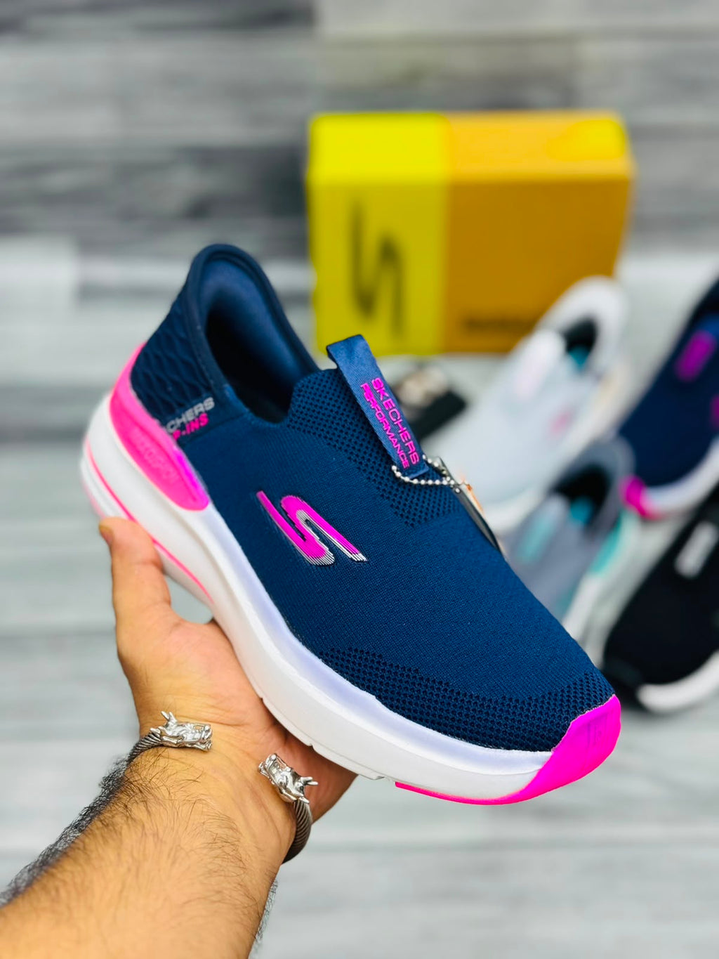 Skechers Hyper Burst Women's Slip-On Sneakers | Navy Blue and Hot Pink