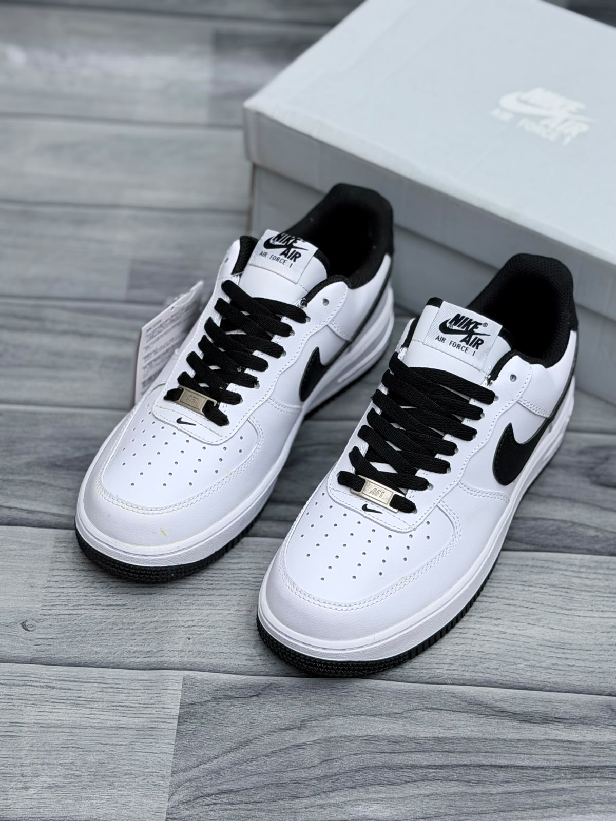 Nike Air Force 1 White Black men’s sneakers with black laces and outsole
