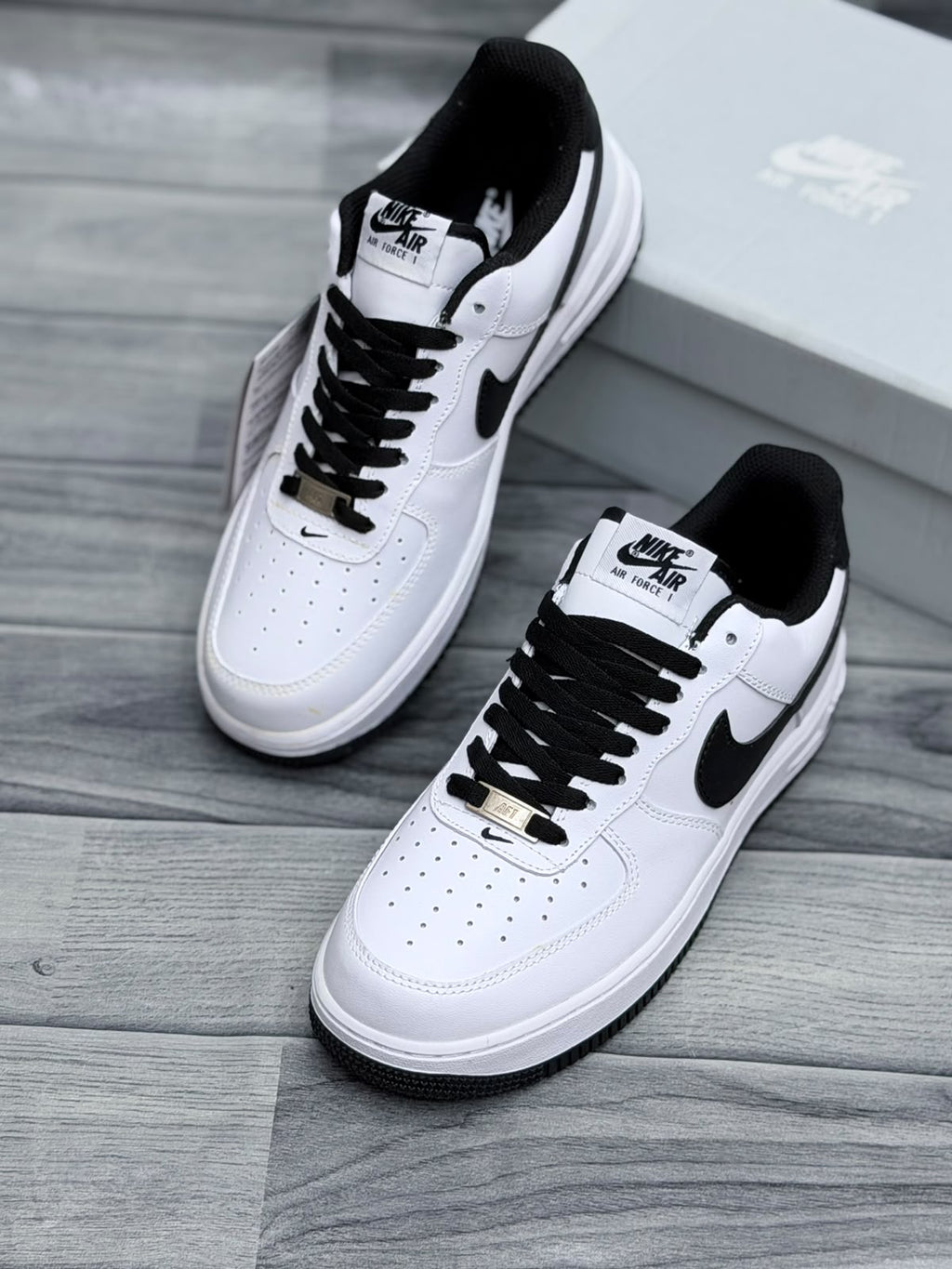 Nike Air Force 1 White Black men’s sneakers with black laces and outsole