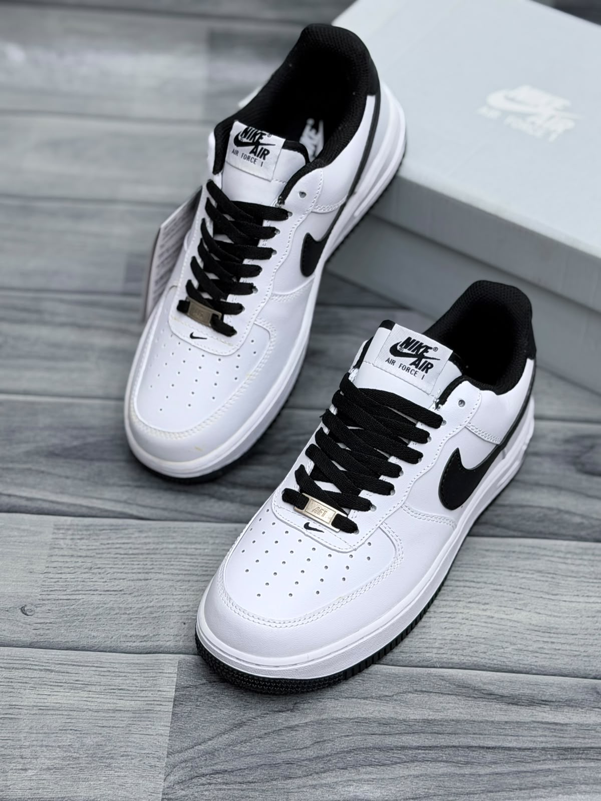 Nike Air Force 1 White Black men’s sneakers with black laces and outsole