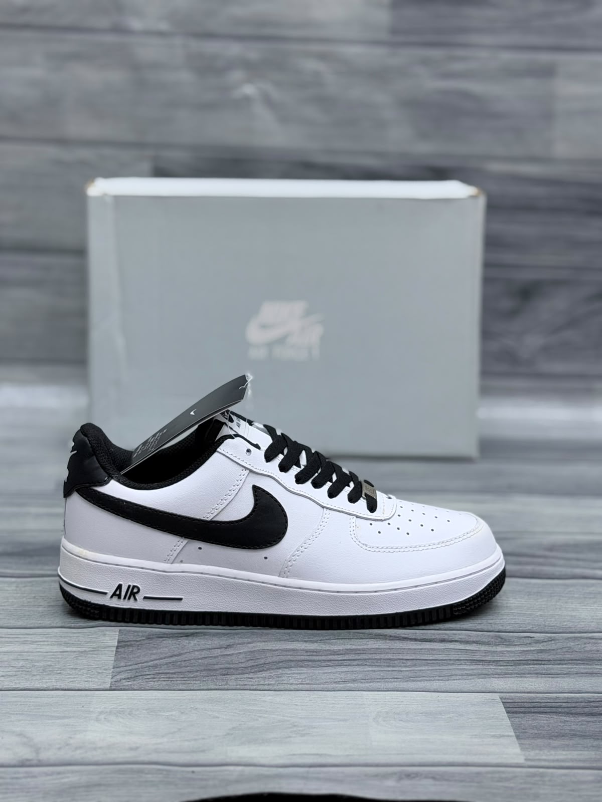 Nike Air Force 1 White Black men’s sneakers with black laces and outsole