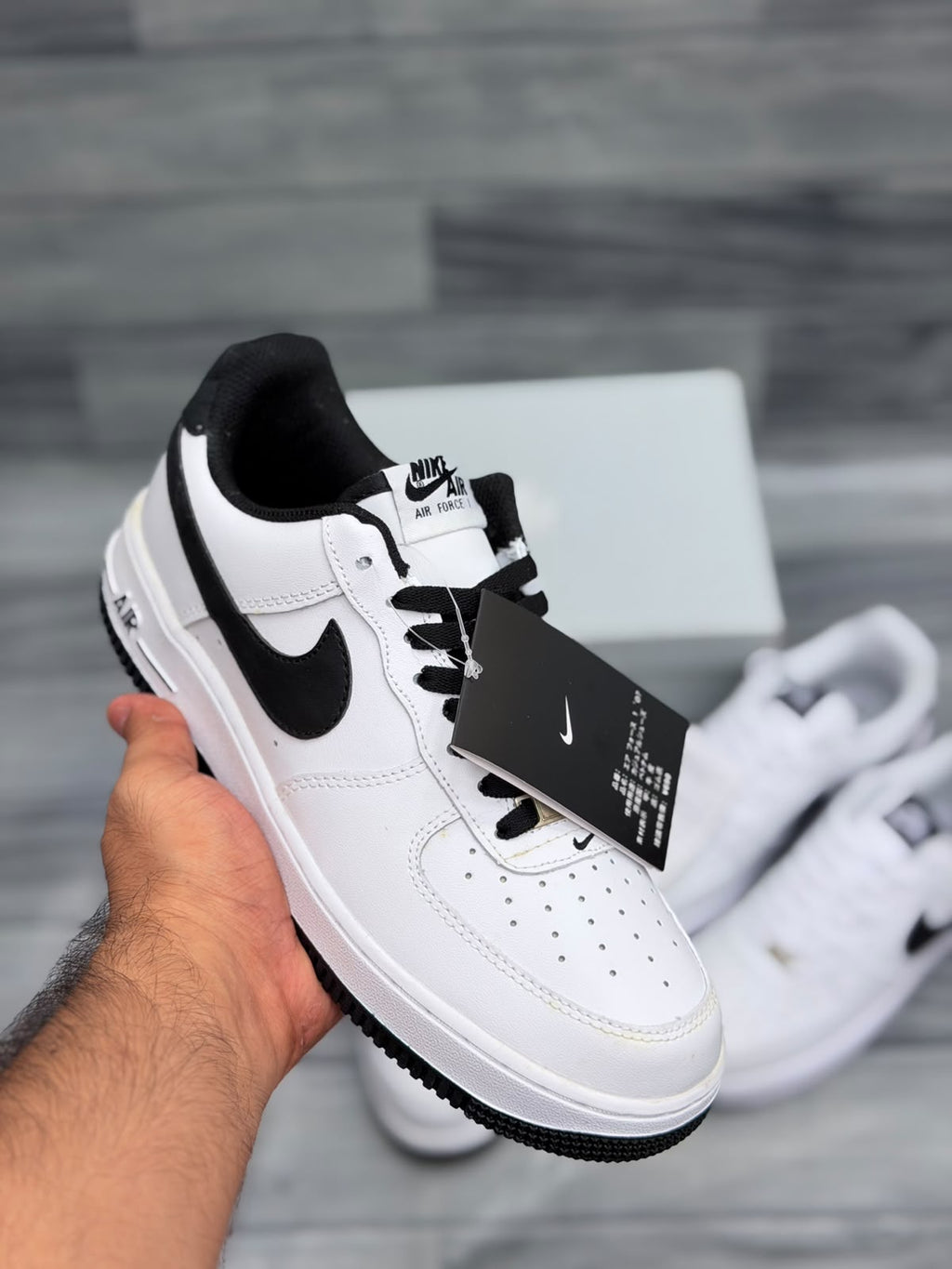 Nike Air Force 1 White Black men’s sneakers with black laces and outsole